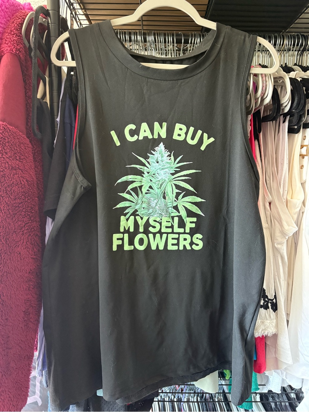 SHEIN Black Graphic Muscle Tank with Green Floral Print
